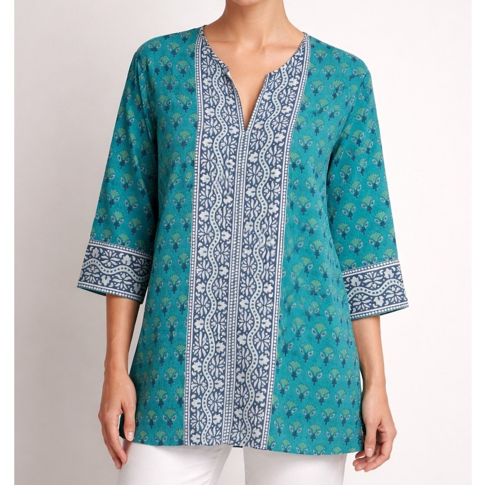 SZ Blockprints Teal Blue Cotton Tunic Top Size Medium Boho Floral Block Print